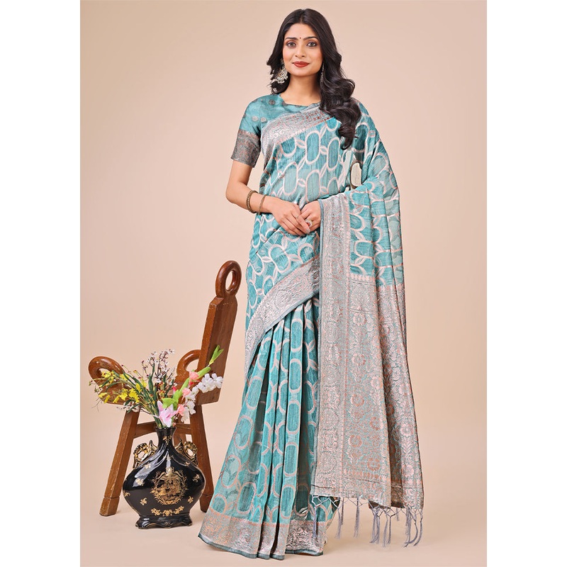 Teal Cotton Saree With Blouse Piece - JD986578238
