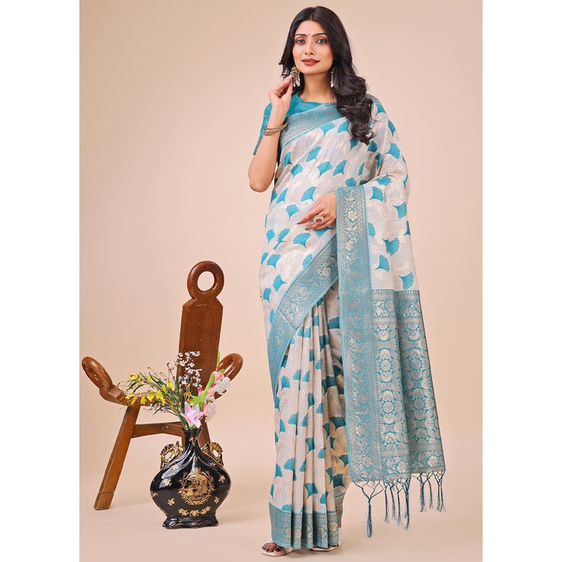 Teal Cotton Saree With Blouse Piece - JD986578239
