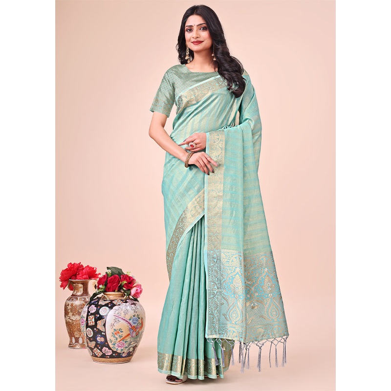 Teal Organza Saree With Blouse Piece - JD986578237