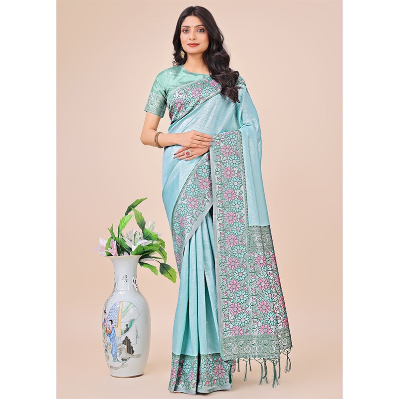 Teal Spun Silk Saree With Blouse Piece - JD986578235