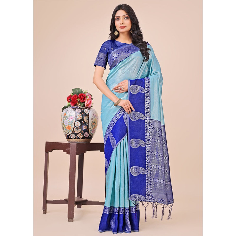 Teal Spun Silk Saree With Blouse Piece - JD986578236