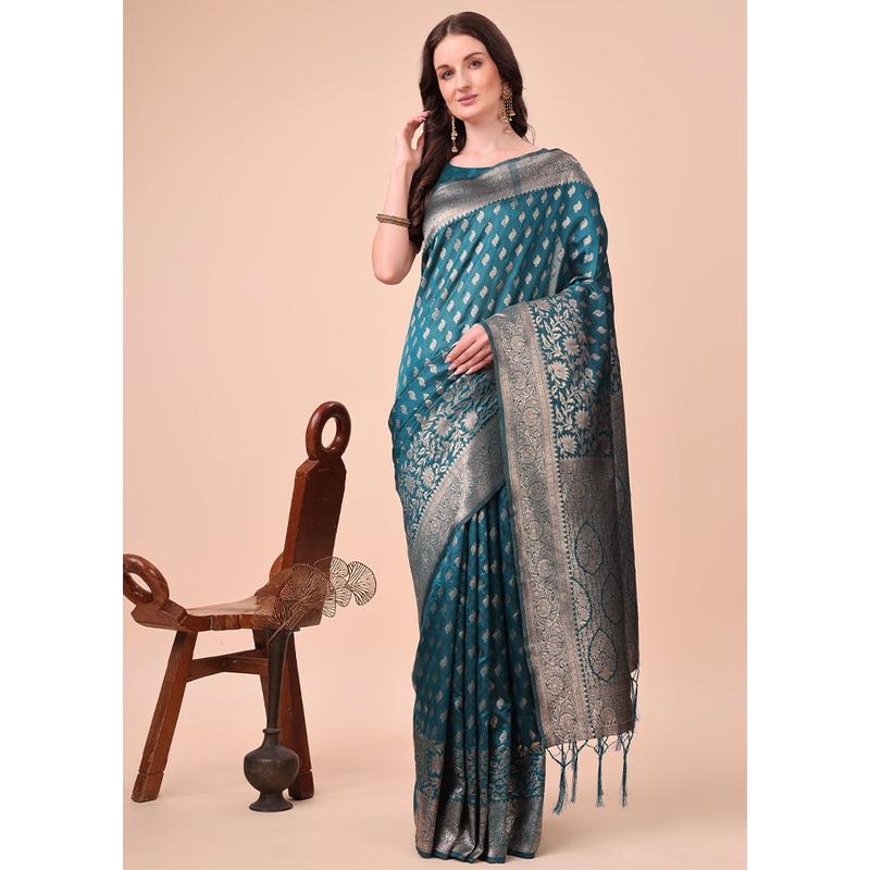 Turquoise Spun Silk Saree With Blouse Piece - JD986578234