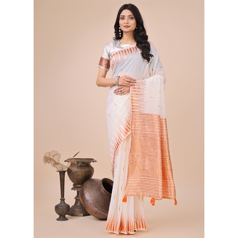 White Cotton Woven Saree Without Blouse Piece - JD986578232