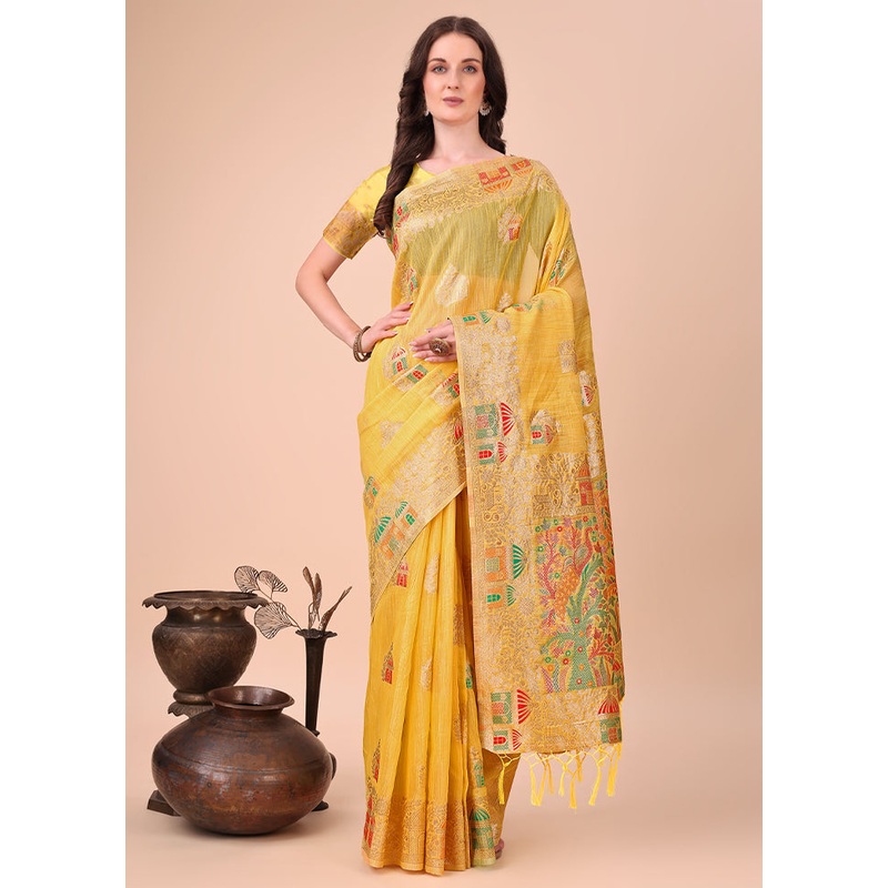 Yellow Cotton Saree With Blouse Piece - JD986578231