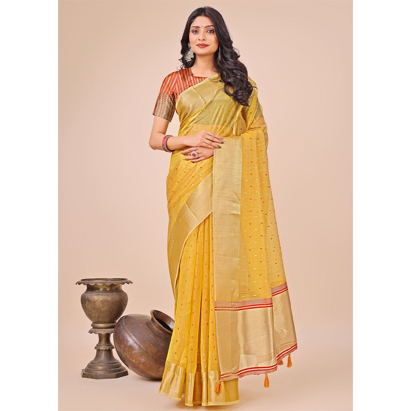 Yellow Organza Saree With Blouse Piece - JD986578230