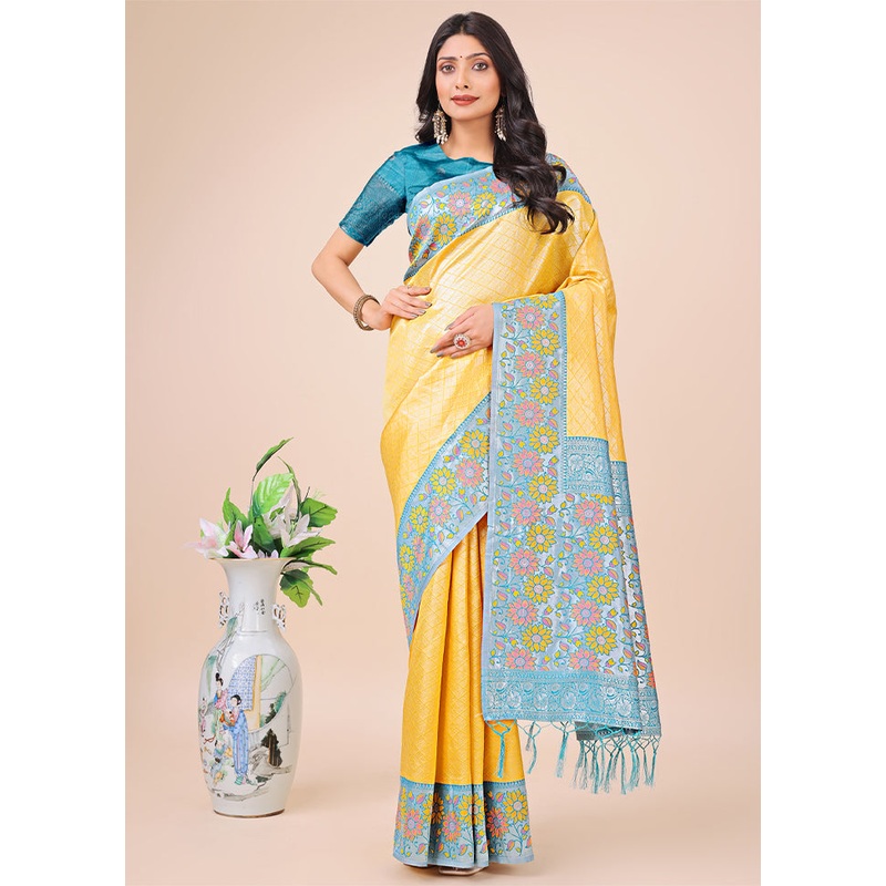 Yellow Spun Silk Saree With Blouse Piece - JD986578228