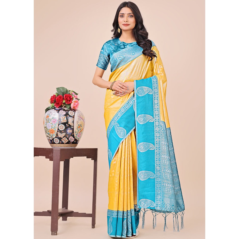 Yellow Spun Silk Saree With Blouse Piece - JD986578229